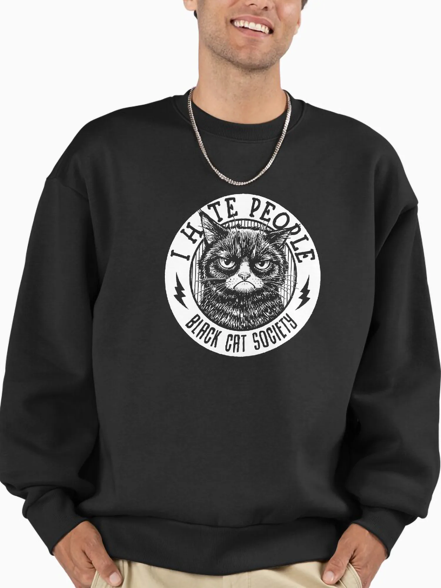 Soft charcoal grey sweatshirt with the Black Cat Society 'I hate people' design printed on the chest.