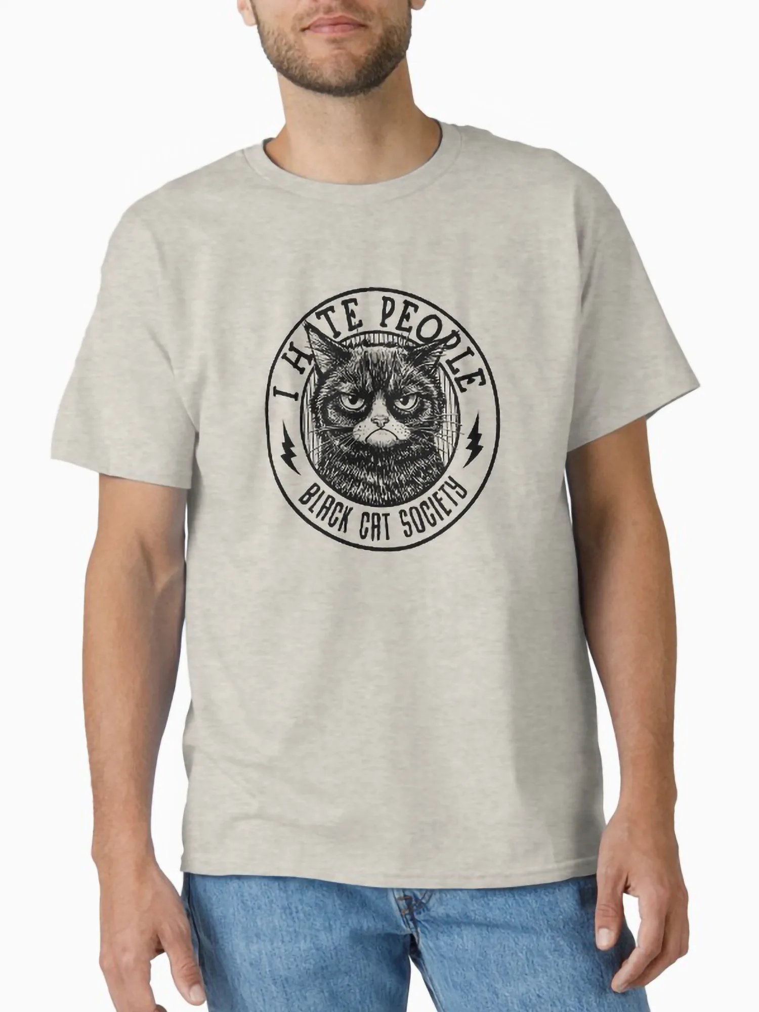 A classic grey heather t-shirt with the 'Black Cat Society' I Hate People design, offering a versatile and funny statement piece for daily wear.