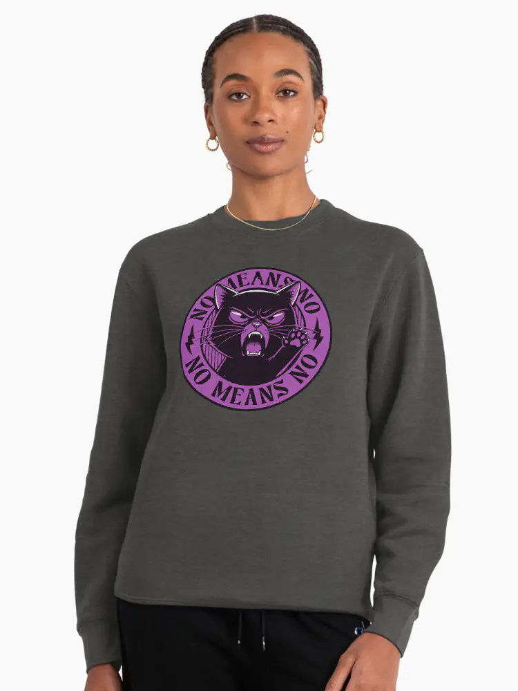 Charcoal crewneck sweatshirt showcasing the "No Means No" black cat design, a symbol of political resistance.