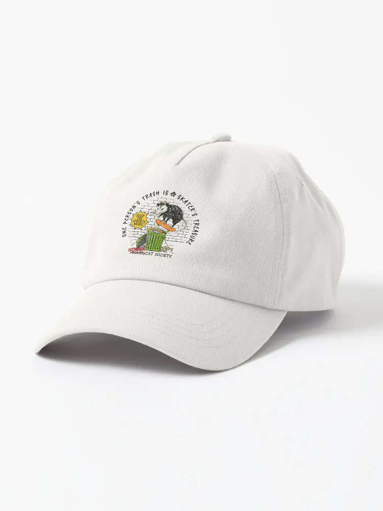 A white baseball cap with an embroidered graphic of a skateboarding opossum, part of the radical "Keep the Streets Weird" collection.