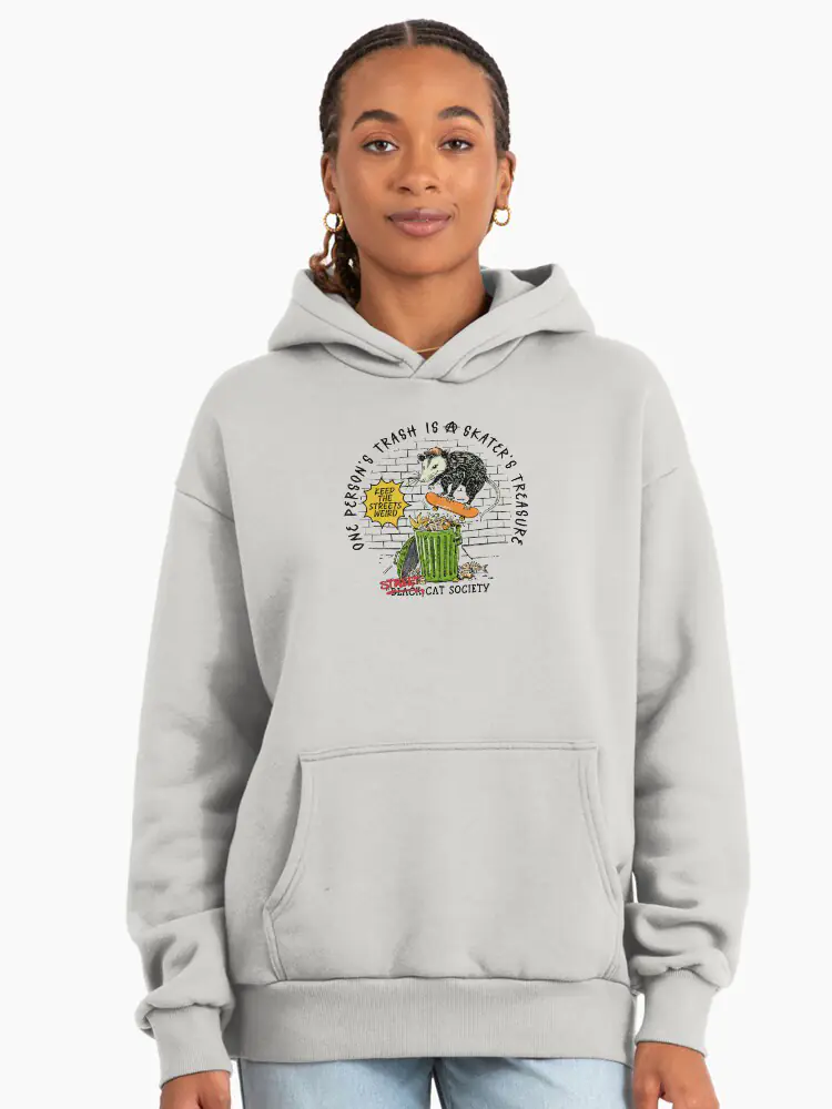 A heather grey athletic hoodie with a large front print of the skateboarding opossum, blending streetwear style with feral humor.