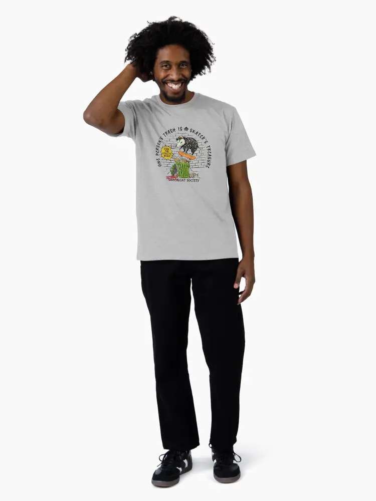 A classic grey graphic tee featuring the skateboarding opossum design with the "Street Cat Society" branding for a casual urban look.