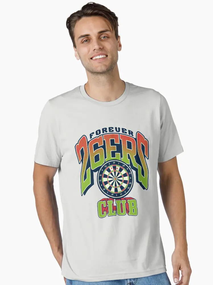 A man wearing a bright white t-shirt that makes the orange and green "FOREVER 26ERS CLUB" logo stand out prominently, ideal for summer sports events.