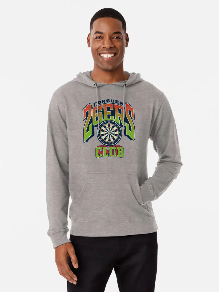A man with a hood-up pose wearing a light grey fleece hoodie featuring the "FOREVER 26ERS CLUB" darts graphic on the center chest.