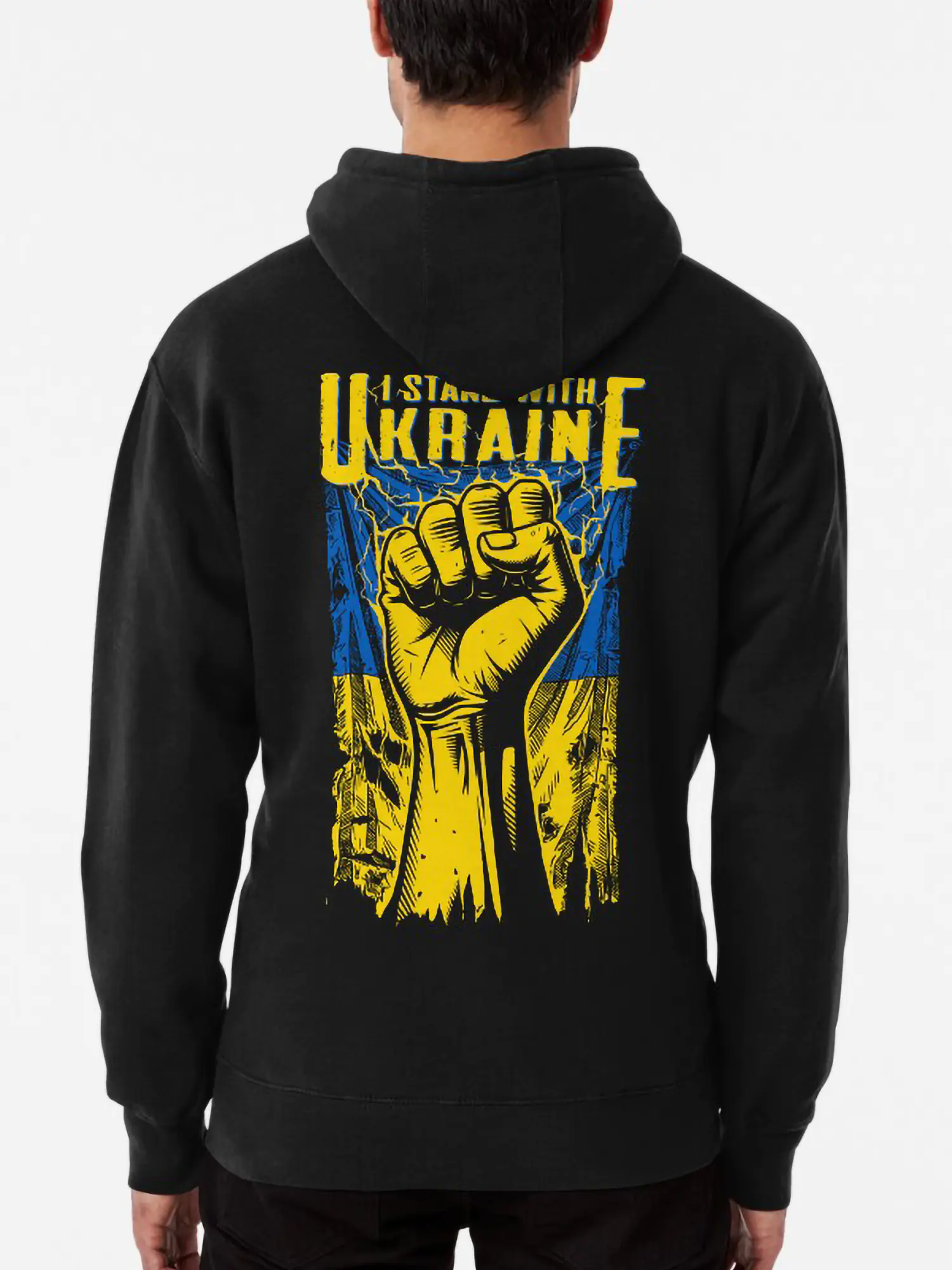 The back of a black pullover hoodie displaying a large-scale 'I STAND WITH UKRAINE' typography design, perfect for making a strong statement in public spaces and solidarity marches.