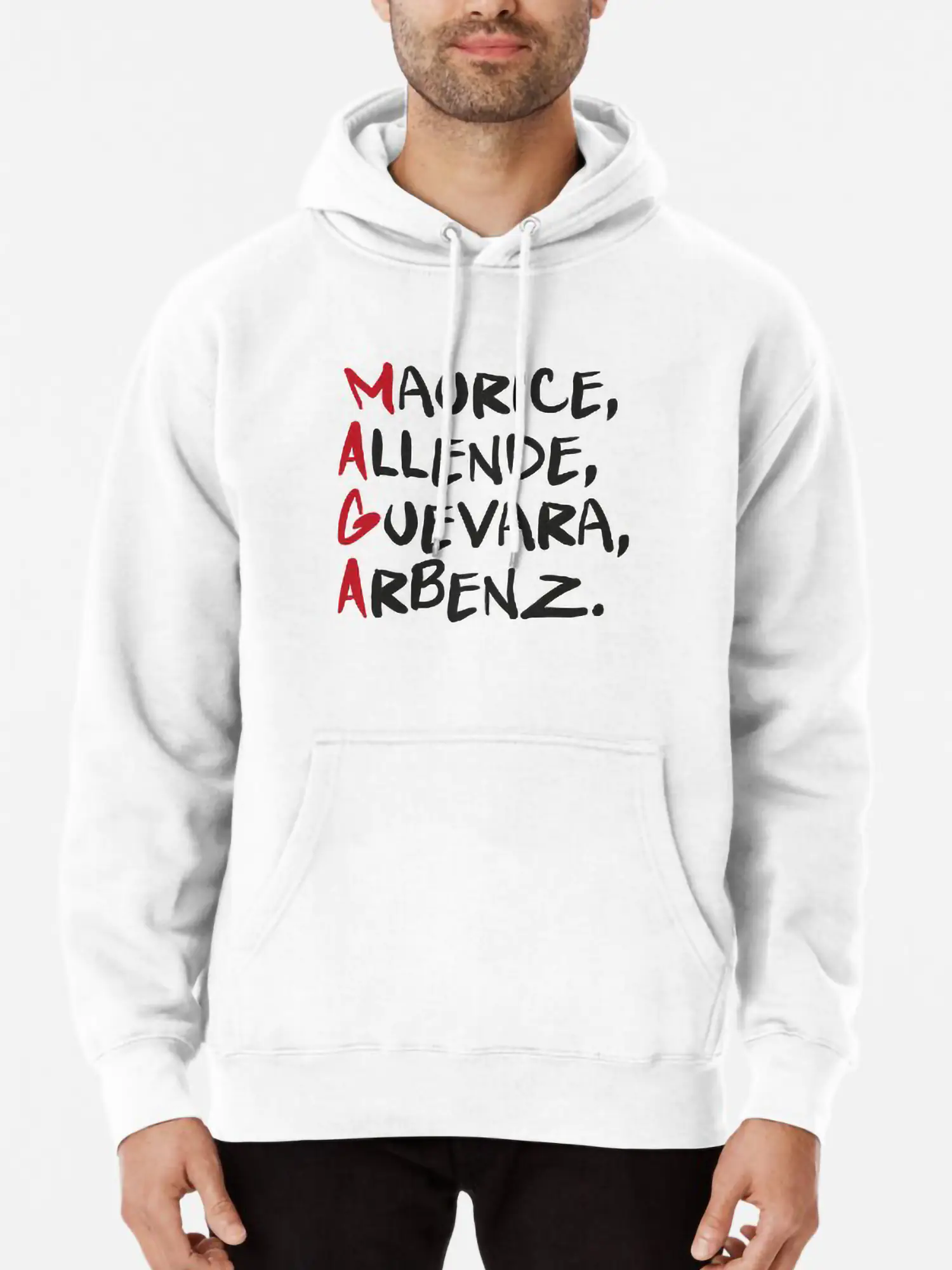 White fleece hoodie featuring the Bishop Guevara and Allende political graphic, modeled by a White man.