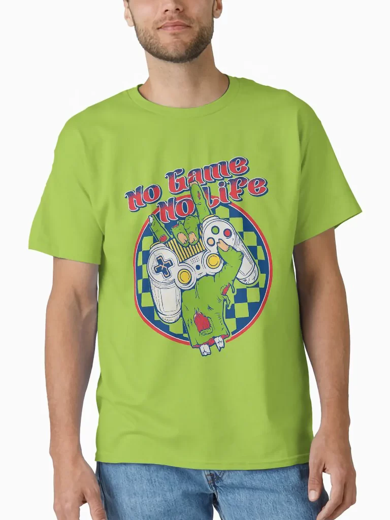 A male model in a vibrant green graphic t-shirt with a hand-rendered zombie controller design, showcasing modern streetwear for gamers.
