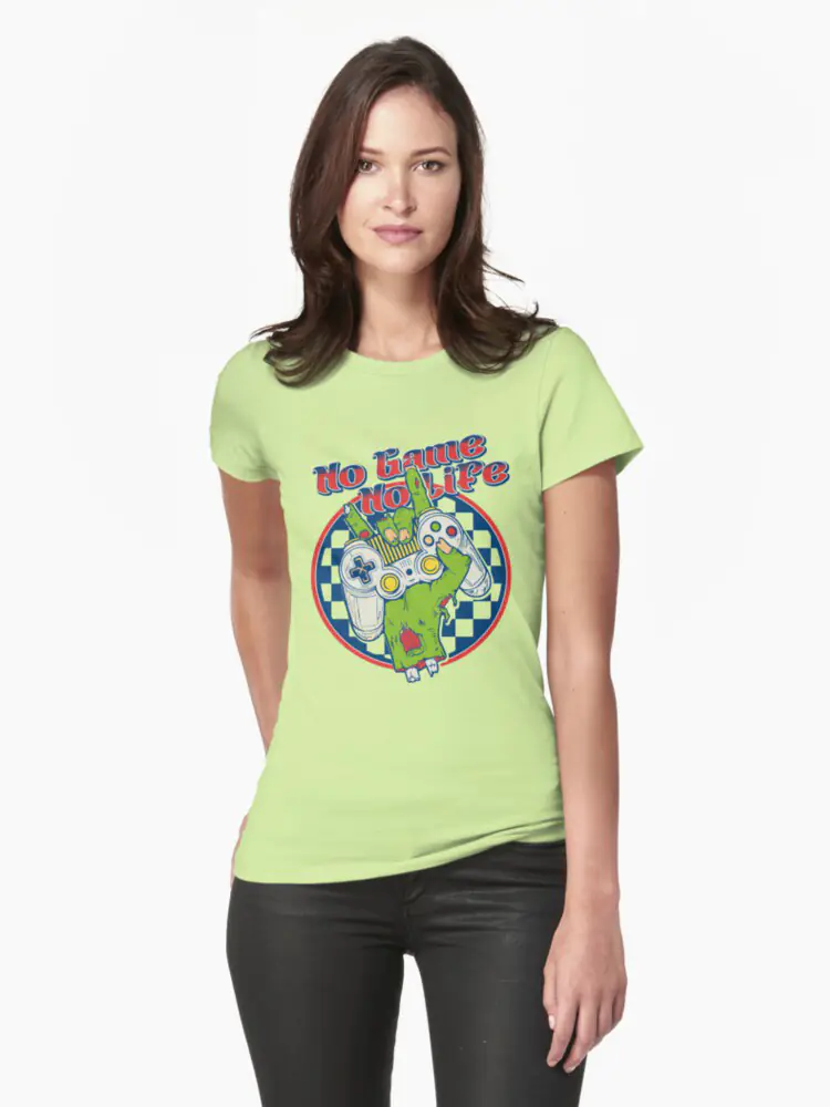 A female model wearing a fitted green t-shirt with an undead gamer controller motif, representing the 2026 geek culture aesthetic.