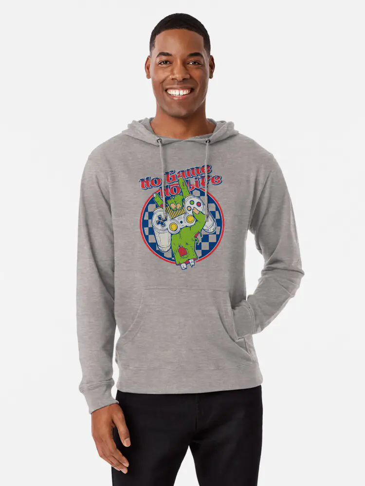 A male model in a heavy-weight grey hoodie with a centered zombie gaming design, highlighting the neo-grunge fashion trend.