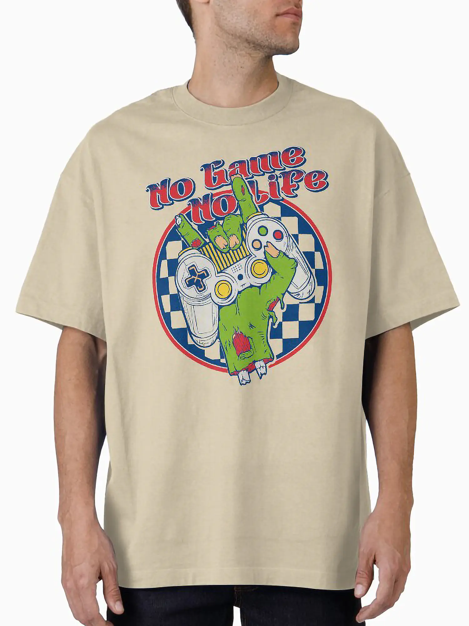 A male model wearing a minimalist beige t-shirt with a green undead controller graphic, reflecting the "New Luxurian" gaming style.