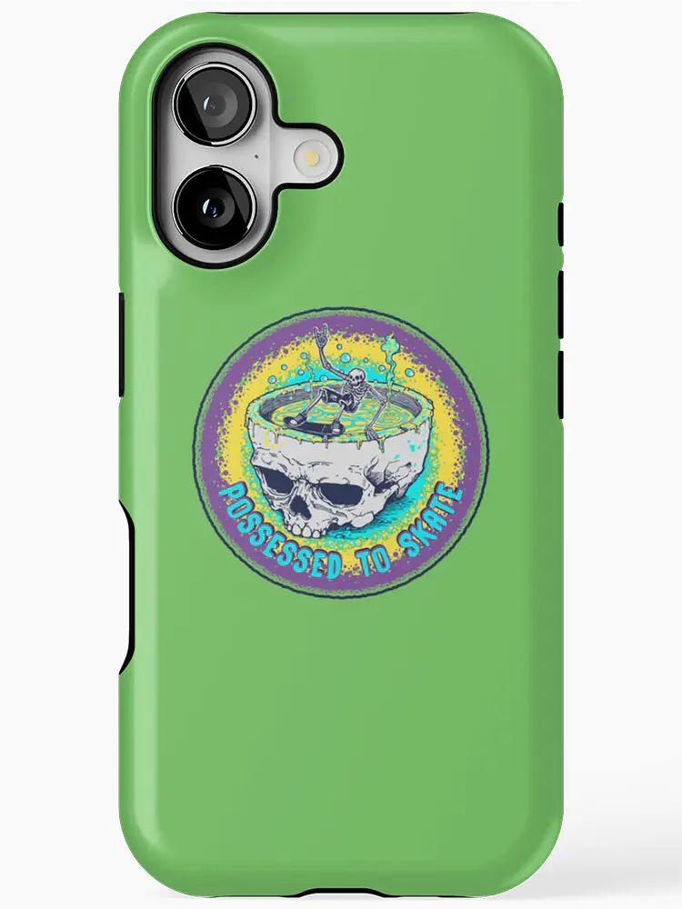 Green iPhone case featuring a circular "Possessed to Skate" graphic with a skeleton skateboarding inside a skull.