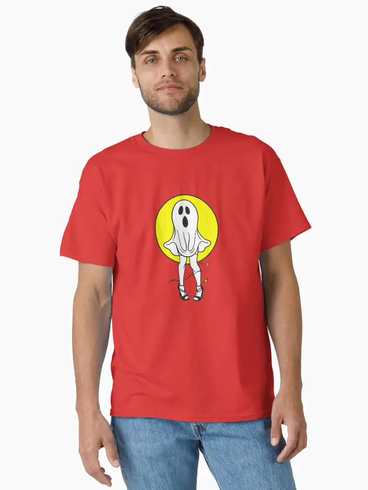Man in a red t-shirt with a white ghost-in-heels "Oh Snap" motif.