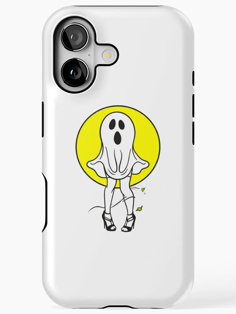 Minimalist white phone case with a long-legged ghost on a yellow orb.