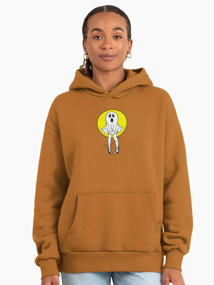 Burnt orange hoodie with a satirical ghost-in-heels streetwear print.