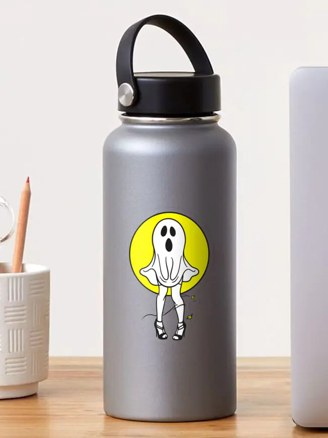 Ghost sticker with long legs and high heels on a black water bottle.