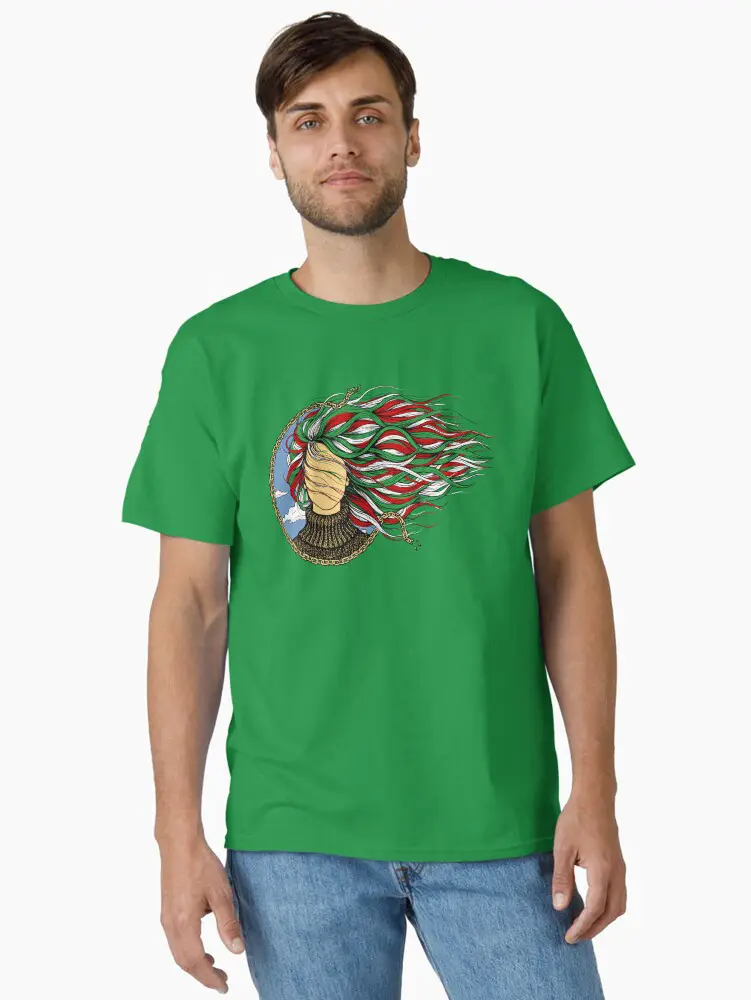 A man wearing a green cotton t-shirt featuring the Woman Life Freedom silhouette design, symbolizing hope and growth in the fight for human rights in Iran.