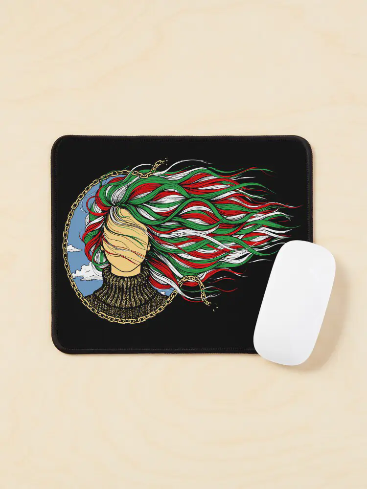A high-quality mousepad featuring the Iranian flag colored hair silhouette design next to a white computer mouse, bringing activist art into the modern workspace.