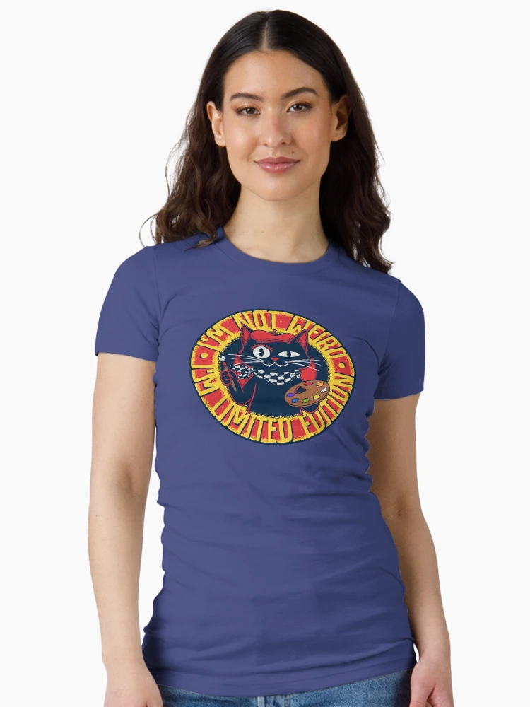 Fitted blue t-shirt with a black cat artist limited edition vintage badge print design