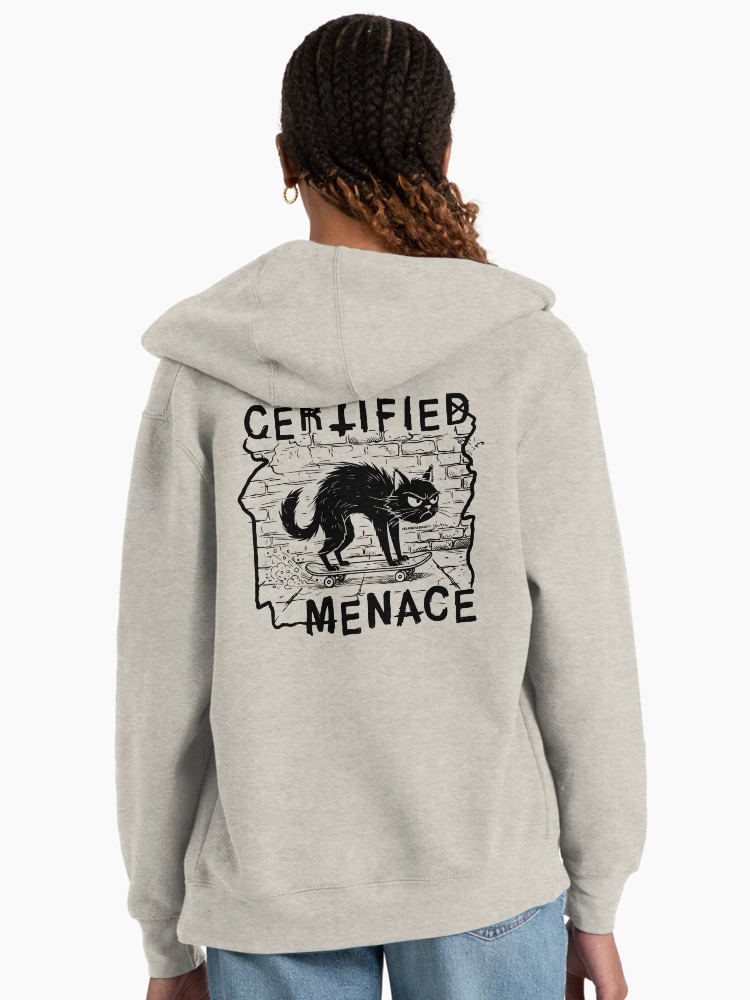 Heather oatmeal zip hoodie back print with certified menace cat punk black cat design