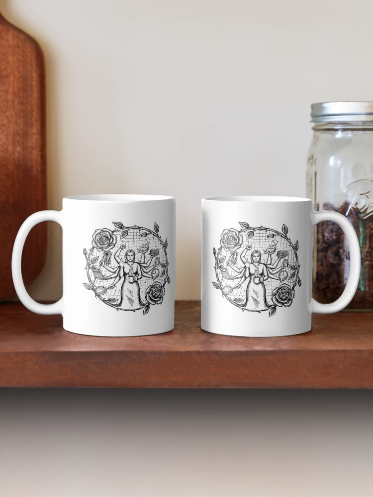 Two white mugs featuring modern Durga feminist art of a multi-armed woman design.