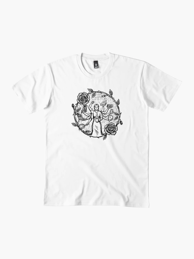 Flatlay of white premium tee featuring modern Durga feminist art illustration.