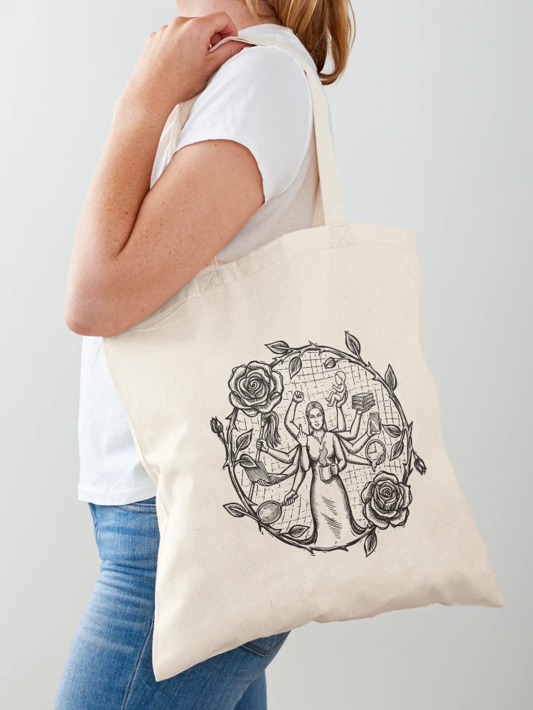 Canvas tote bag with modern Durga feminist art of a multi-armed woman juggling life.