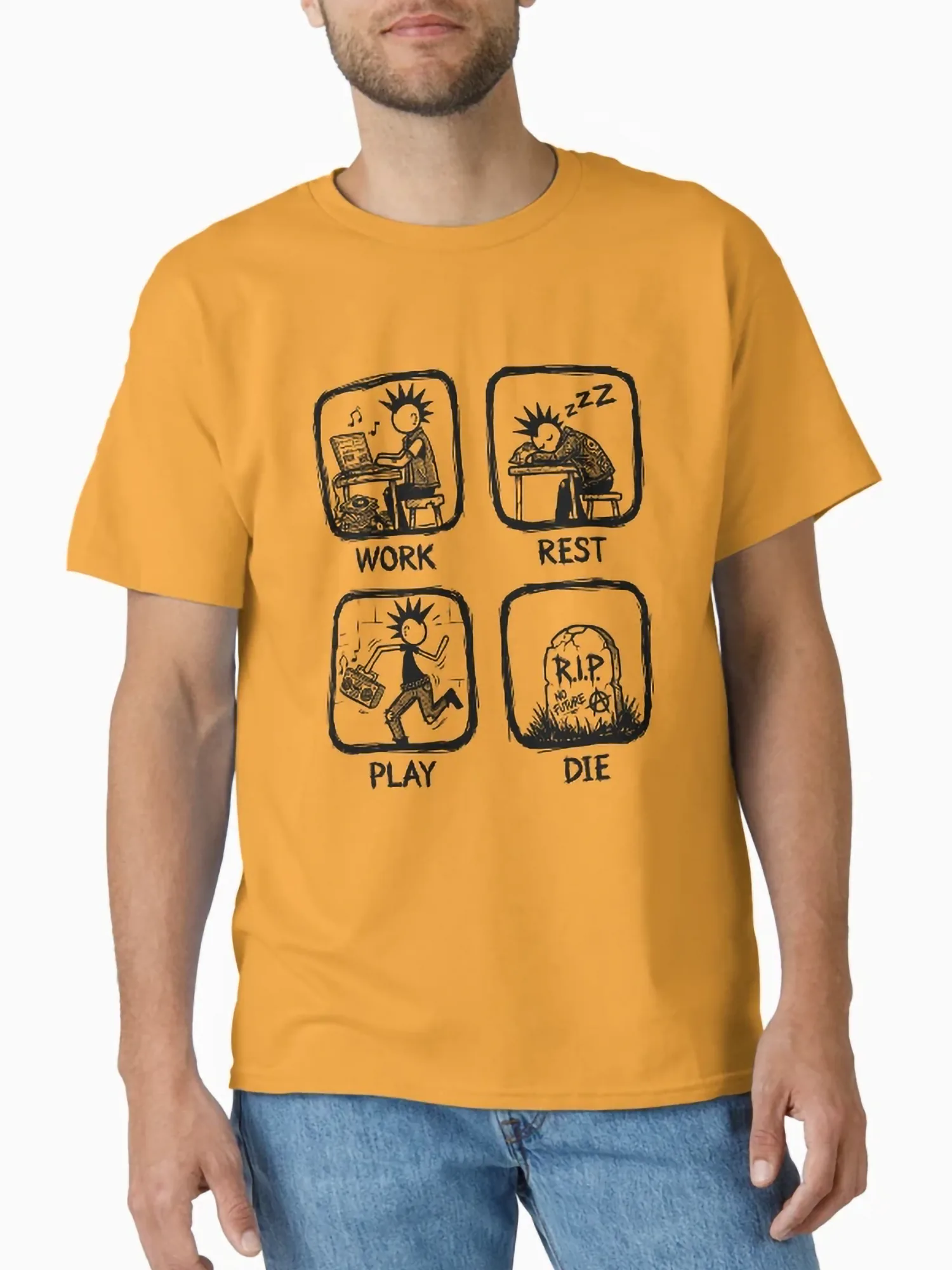 Work rest play die punk graphic tee worn by smiling man in yellow cotton shirt