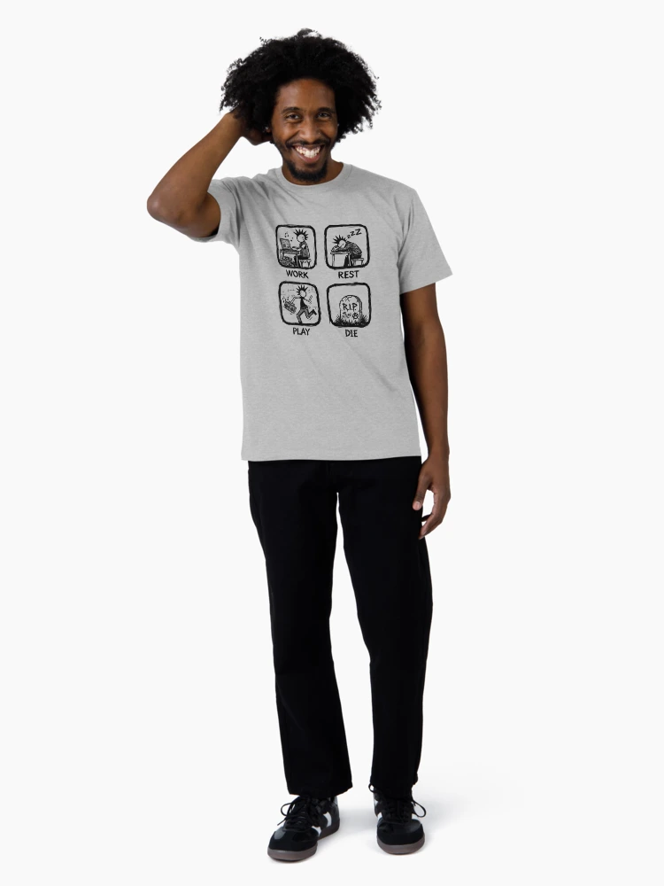 Work rest play die four panel punk art on heather grey mens premium tee full body