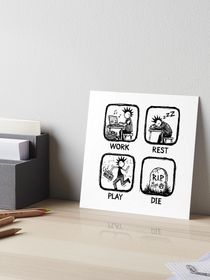Work rest play die punk art print with four panel comic illustration on desk