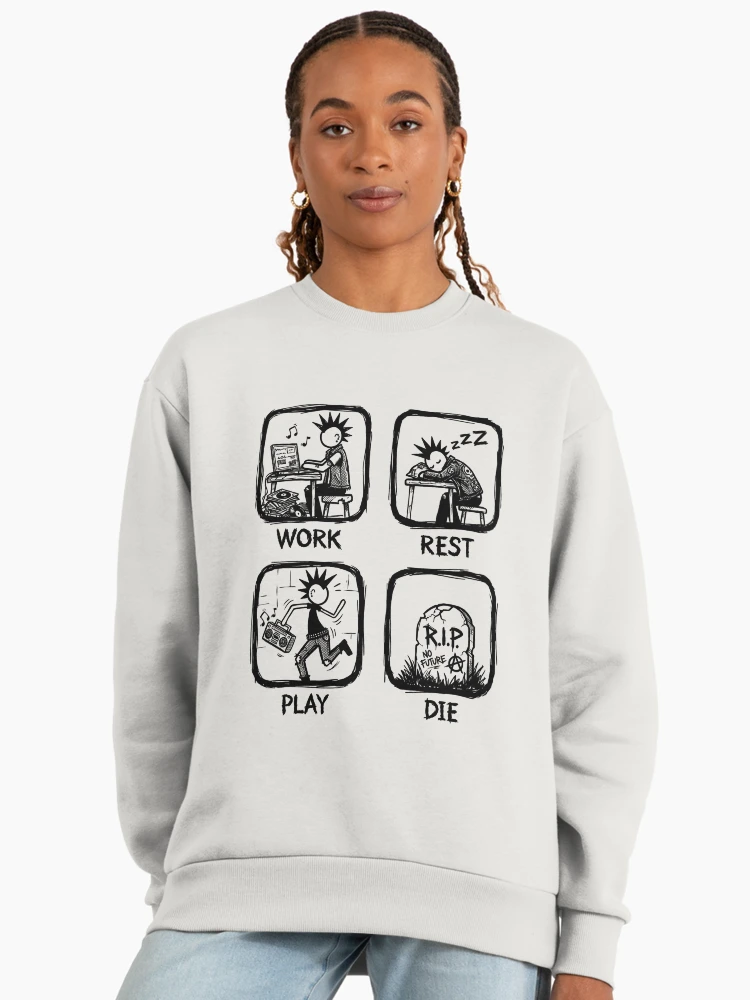 Work rest play die punk design on light grey oversized womens sweatshirt lifestyle photo