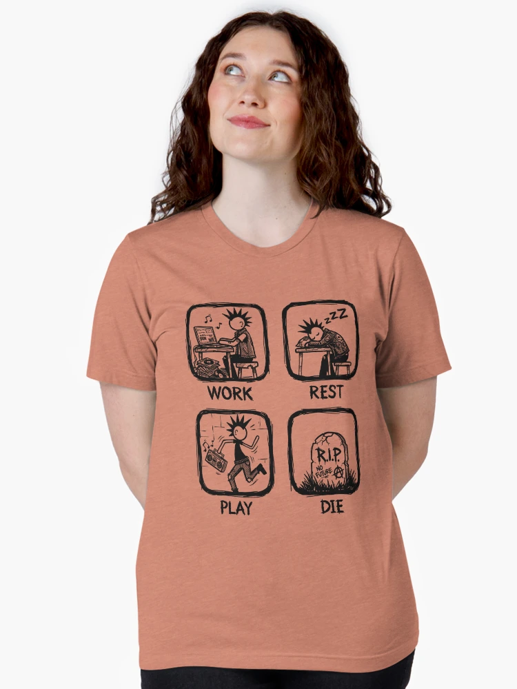 Work rest play die punk art on light orange womens triblend tshirt close portrait